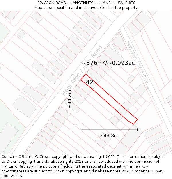 42, AFON ROAD, LLANGENNECH, LLANELLI, SA14 8TS: Plot and title map
