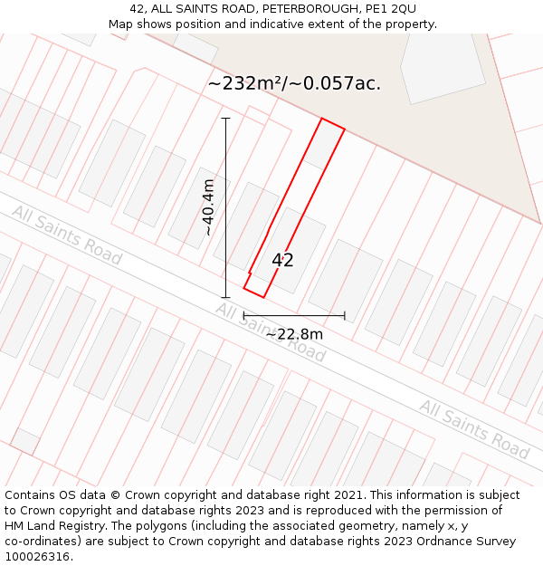 42, ALL SAINTS ROAD, PETERBOROUGH, PE1 2QU: Plot and title map