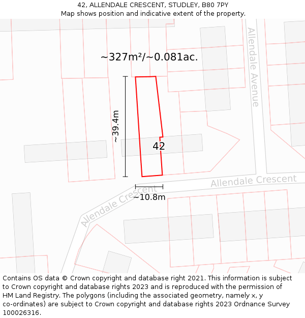 42, ALLENDALE CRESCENT, STUDLEY, B80 7PY: Plot and title map