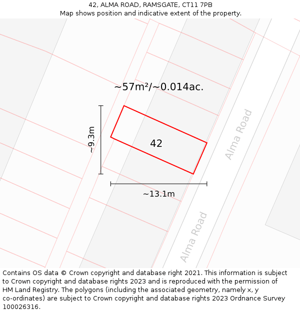 42, ALMA ROAD, RAMSGATE, CT11 7PB: Plot and title map