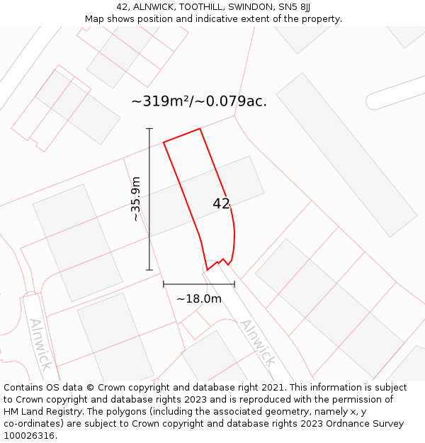 42, ALNWICK, TOOTHILL, SWINDON, SN5 8JJ: Plot and title map