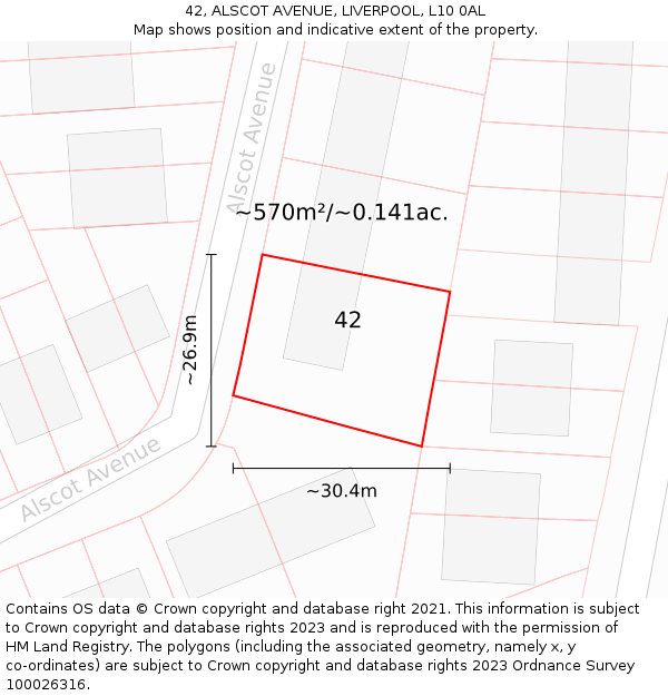 42, ALSCOT AVENUE, LIVERPOOL, L10 0AL: Plot and title map