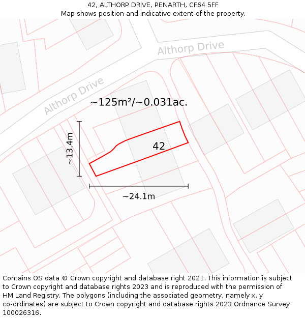 42, ALTHORP DRIVE, PENARTH, CF64 5FF: Plot and title map