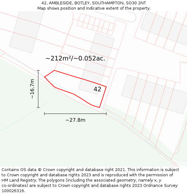 42, AMBLESIDE, BOTLEY, SOUTHAMPTON, SO30 2NT: Plot and title map