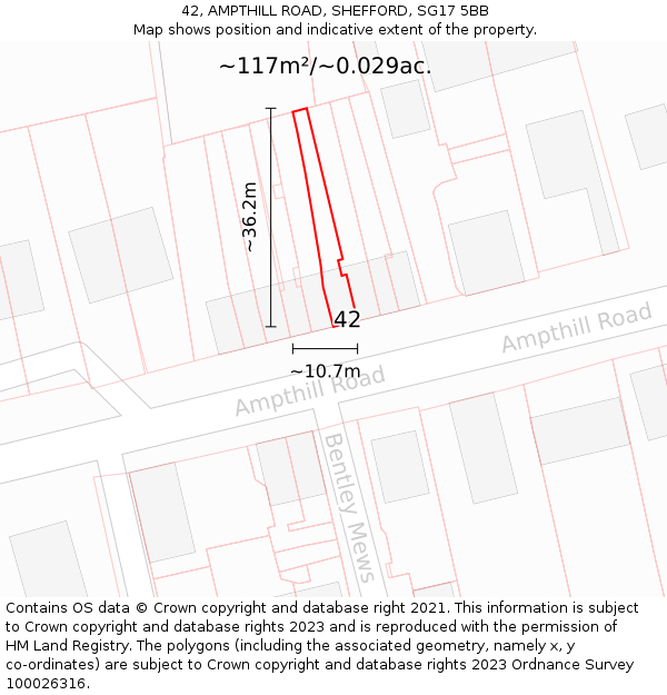 42, AMPTHILL ROAD, SHEFFORD, SG17 5BB: Plot and title map