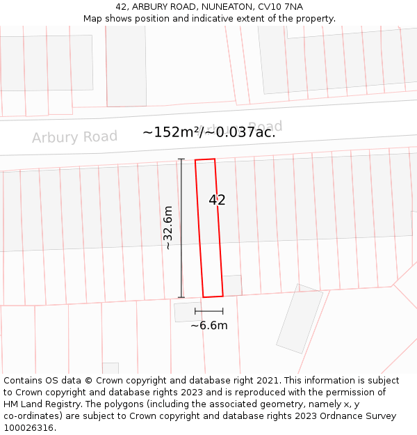 42, ARBURY ROAD, NUNEATON, CV10 7NA: Plot and title map
