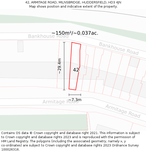 42, ARMITAGE ROAD, MILNSBRIDGE, HUDDERSFIELD, HD3 4JN: Plot and title map