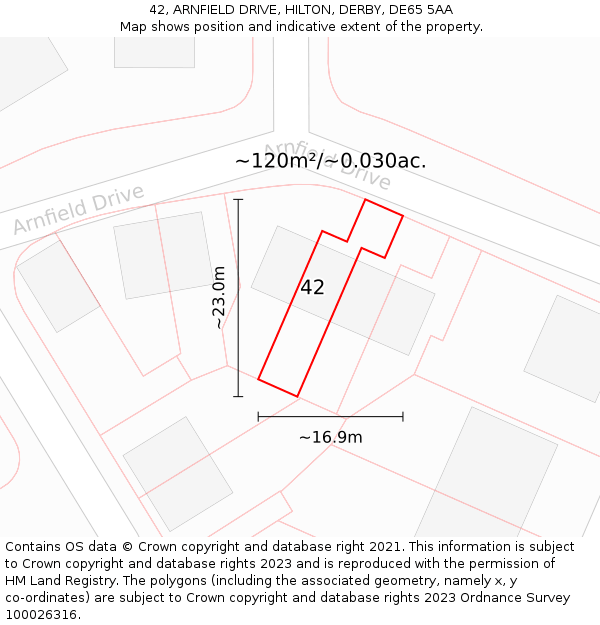 42, ARNFIELD DRIVE, HILTON, DERBY, DE65 5AA: Plot and title map