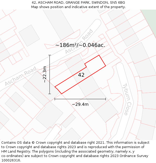 42, ASCHAM ROAD, GRANGE PARK, SWINDON, SN5 6BG: Plot and title map