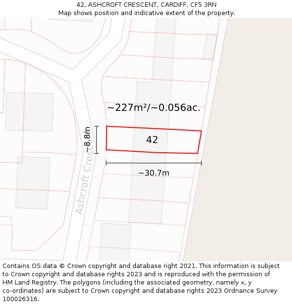 42, ASHCROFT CRESCENT, CARDIFF, CF5 3RN: Plot and title map