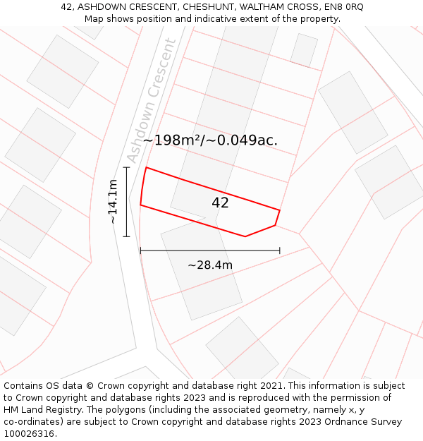 42, ASHDOWN CRESCENT, CHESHUNT, WALTHAM CROSS, EN8 0RQ: Plot and title map