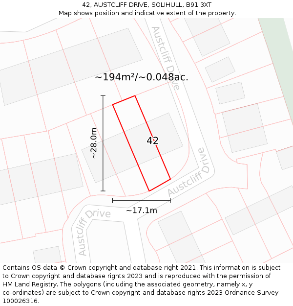 42, AUSTCLIFF DRIVE, SOLIHULL, B91 3XT: Plot and title map