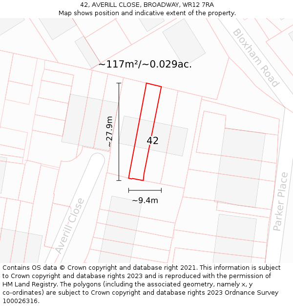 42, AVERILL CLOSE, BROADWAY, WR12 7RA: Plot and title map