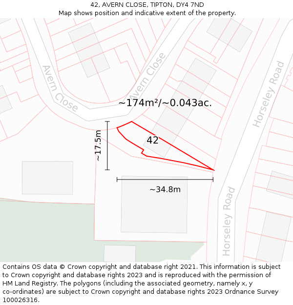 42, AVERN CLOSE, TIPTON, DY4 7ND: Plot and title map