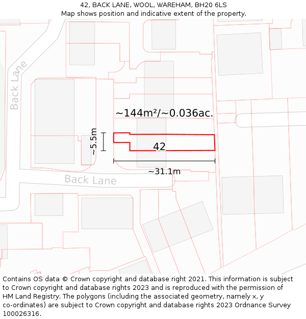 42, BACK LANE, WOOL, WAREHAM, BH20 6LS: Plot and title map