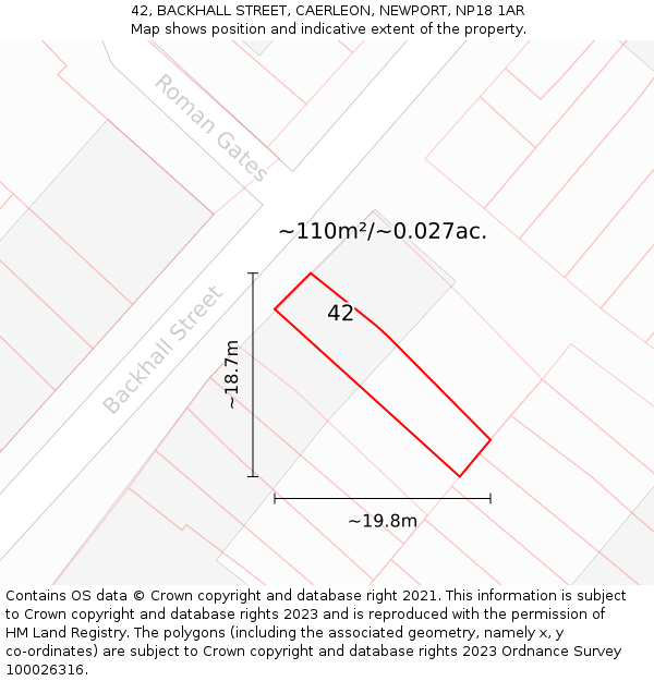 42, BACKHALL STREET, CAERLEON, NEWPORT, NP18 1AR: Plot and title map