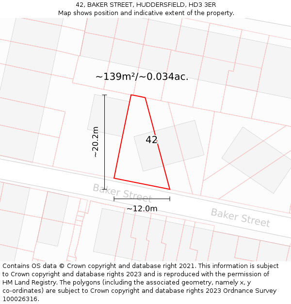 42, BAKER STREET, HUDDERSFIELD, HD3 3ER: Plot and title map