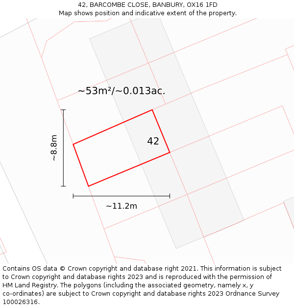 42, BARCOMBE CLOSE, BANBURY, OX16 1FD: Plot and title map