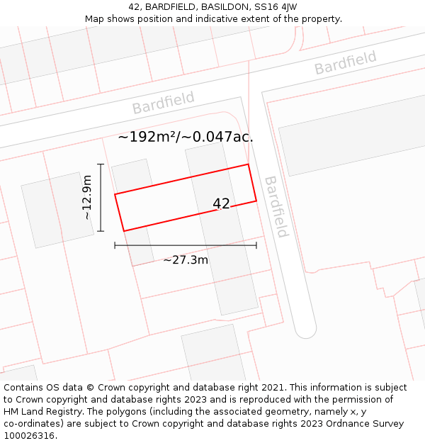 42, BARDFIELD, BASILDON, SS16 4JW: Plot and title map