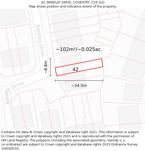 42, BARDLEY DRIVE, COVENTRY, CV6 3LD: Plot and title map