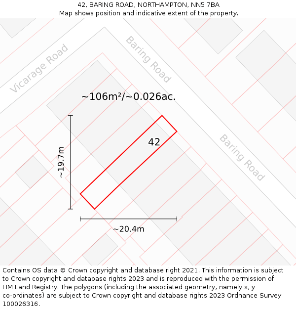 42, BARING ROAD, NORTHAMPTON, NN5 7BA: Plot and title map