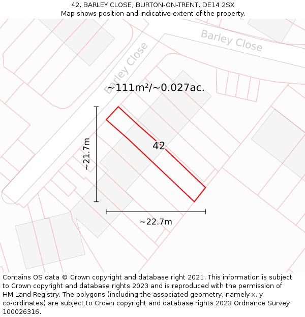 42, BARLEY CLOSE, BURTON-ON-TRENT, DE14 2SX: Plot and title map
