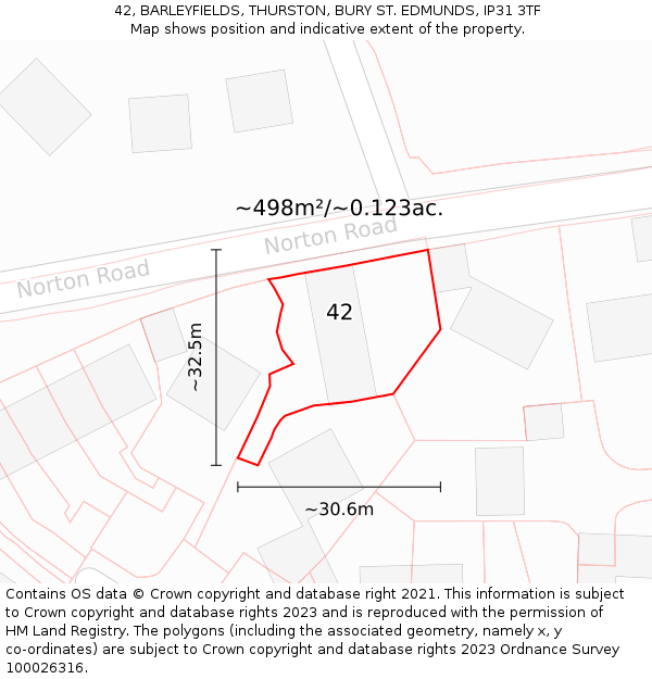 42, BARLEYFIELDS, THURSTON, BURY ST EDMUNDS, IP31 3TF: Plot and title map