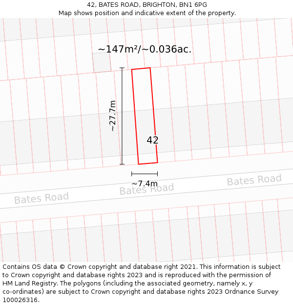 42, BATES ROAD, BRIGHTON, BN1 6PG: Plot and title map