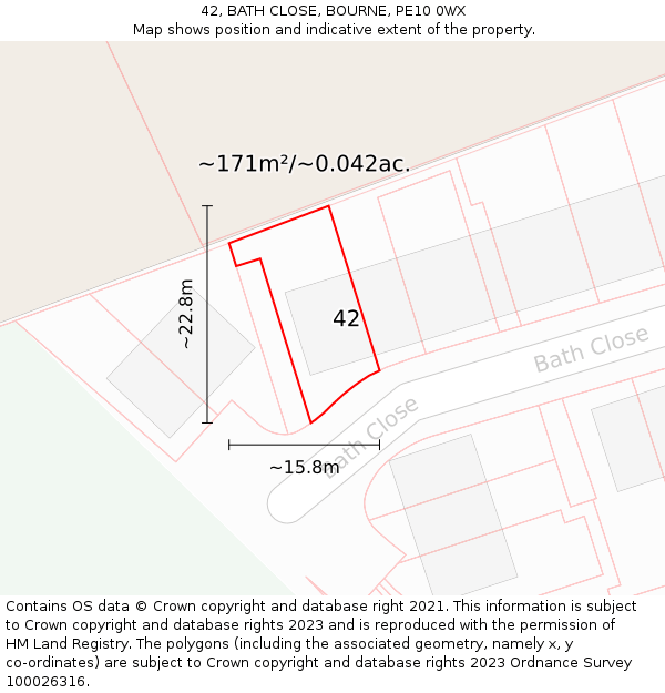 42, BATH CLOSE, BOURNE, PE10 0WX: Plot and title map