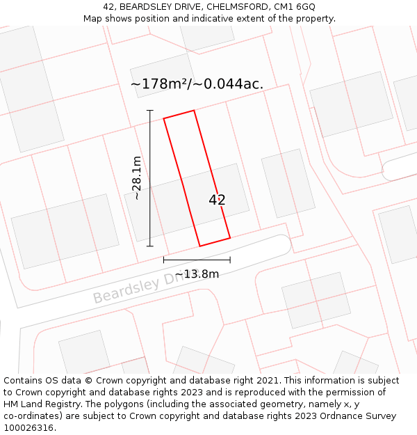 42, BEARDSLEY DRIVE, CHELMSFORD, CM1 6GQ: Plot and title map