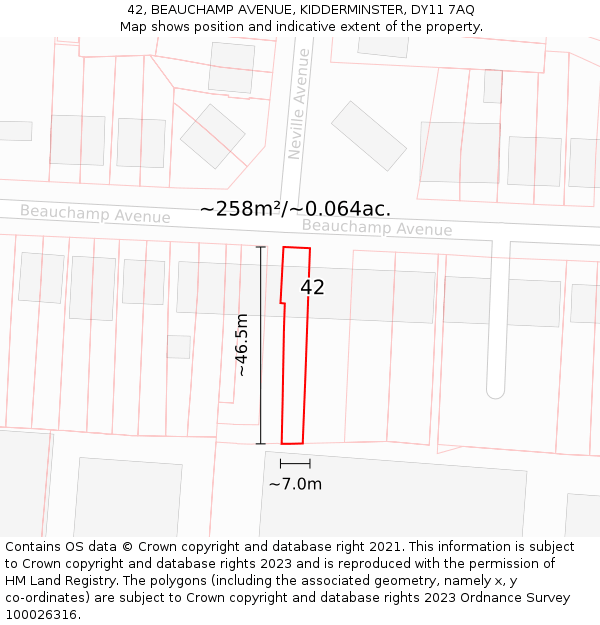 42, BEAUCHAMP AVENUE, KIDDERMINSTER, DY11 7AQ: Plot and title map