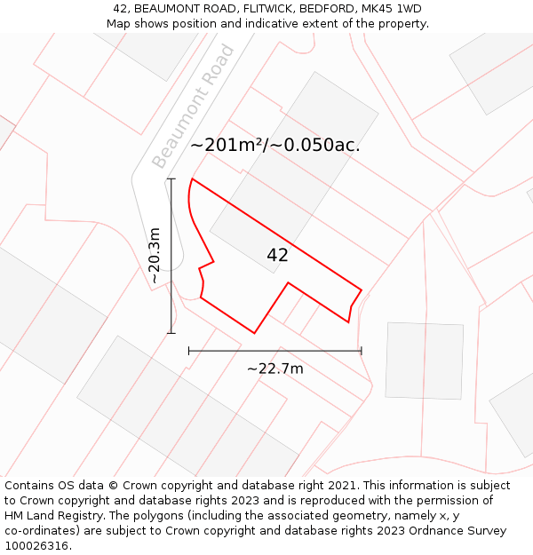 42, BEAUMONT ROAD, FLITWICK, BEDFORD, MK45 1WD: Plot and title map