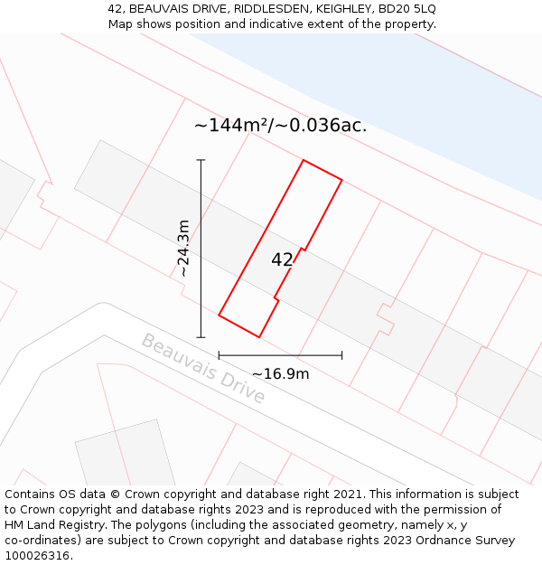 42, BEAUVAIS DRIVE, RIDDLESDEN, KEIGHLEY, BD20 5LQ: Plot and title map
