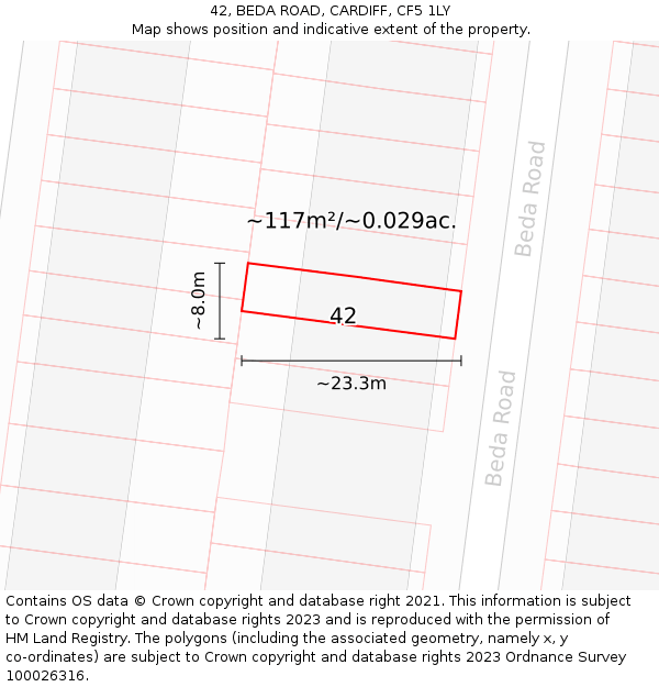 42, BEDA ROAD, CARDIFF, CF5 1LY: Plot and title map