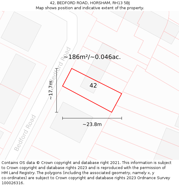 42, BEDFORD ROAD, HORSHAM, RH13 5BJ: Plot and title map