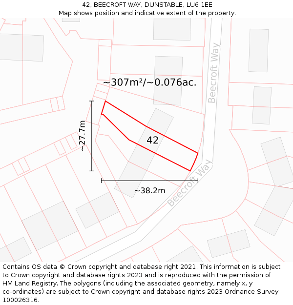 42, BEECROFT WAY, DUNSTABLE, LU6 1EE: Plot and title map