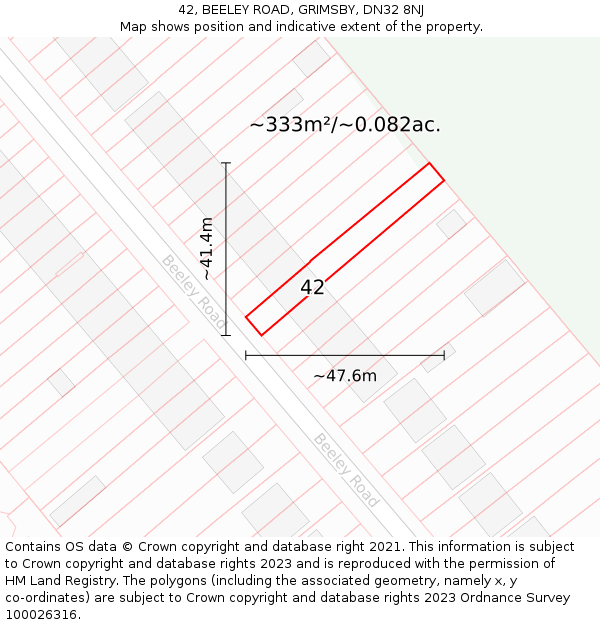 42, BEELEY ROAD, GRIMSBY, DN32 8NJ: Plot and title map