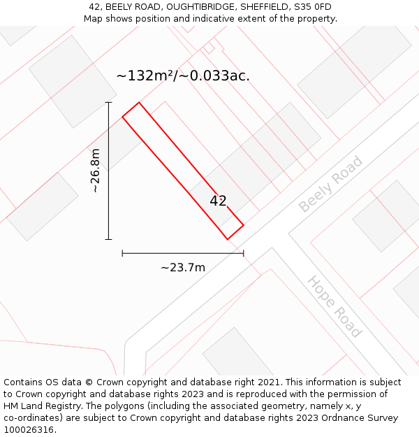 42, BEELY ROAD, OUGHTIBRIDGE, SHEFFIELD, S35 0FD: Plot and title map