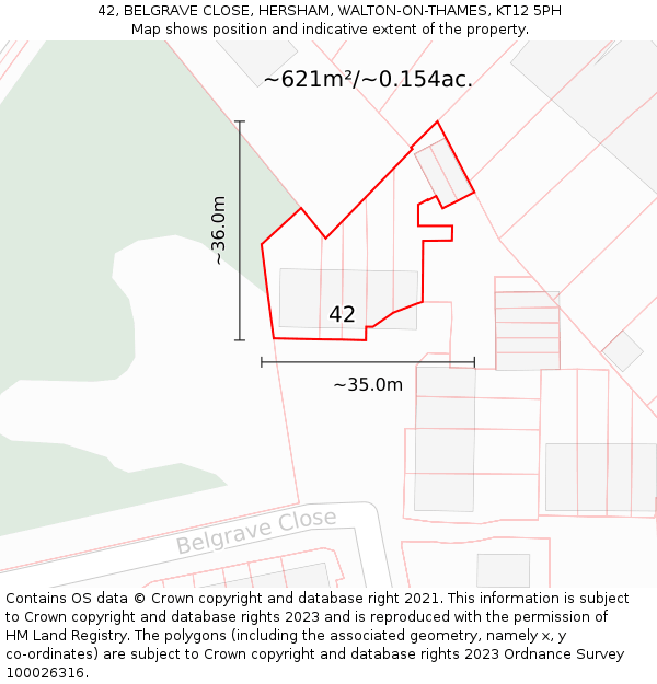 42, BELGRAVE CLOSE, HERSHAM, WALTON-ON-THAMES, KT12 5PH: Plot and title map