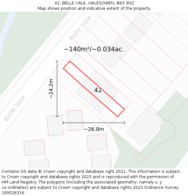 42, BELLE VALE, HALESOWEN, B63 3NZ: Plot and title map