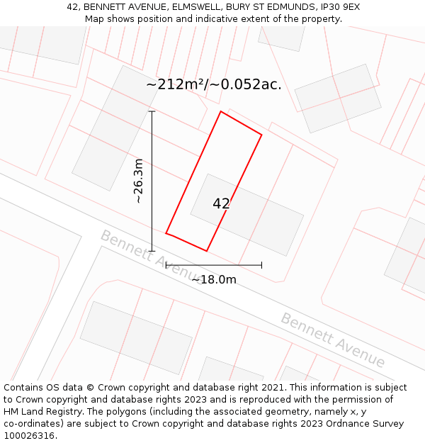 42, BENNETT AVENUE, ELMSWELL, BURY ST EDMUNDS, IP30 9EX: Plot and title map