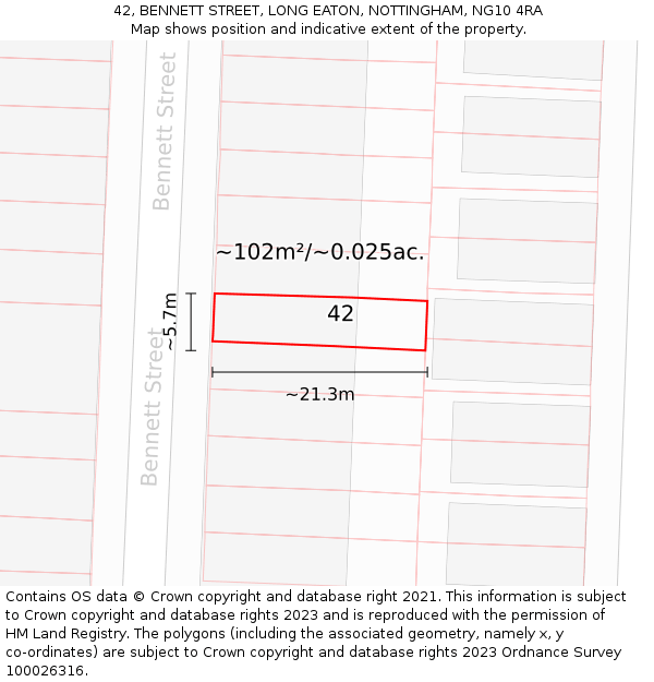 42, BENNETT STREET, LONG EATON, NOTTINGHAM, NG10 4RA: Plot and title map