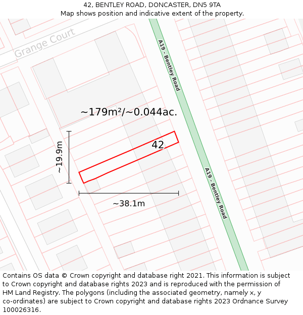 42, BENTLEY ROAD, DONCASTER, DN5 9TA: Plot and title map