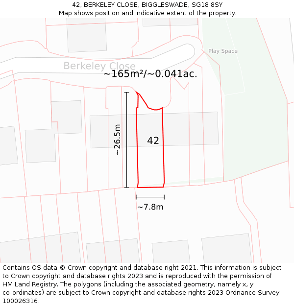 42, BERKELEY CLOSE, BIGGLESWADE, SG18 8SY: Plot and title map