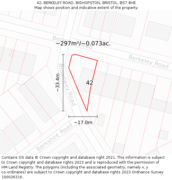 42, BERKELEY ROAD, BISHOPSTON, BRISTOL, BS7 8HE: Plot and title map