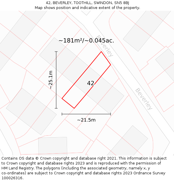 42, BEVERLEY, TOOTHILL, SWINDON, SN5 8BJ: Plot and title map