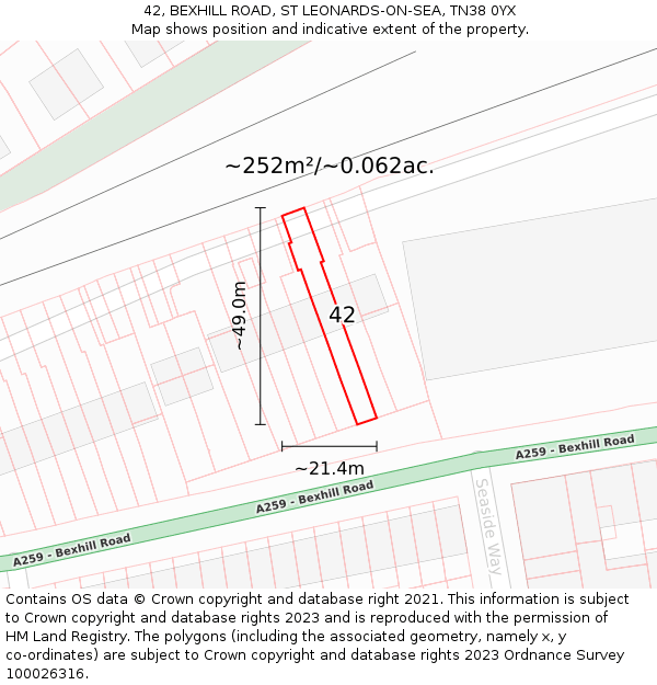 42, BEXHILL ROAD, ST LEONARDS-ON-SEA, TN38 0YX: Plot and title map