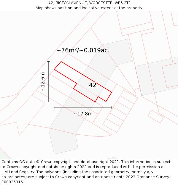 42, BICTON AVENUE, WORCESTER, WR5 3TF: Plot and title map