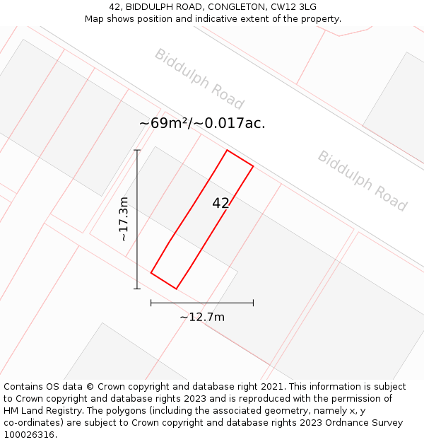 42, BIDDULPH ROAD, CONGLETON, CW12 3LG: Plot and title map