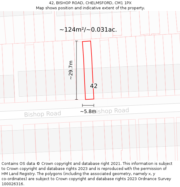 42, BISHOP ROAD, CHELMSFORD, CM1 1PX: Plot and title map